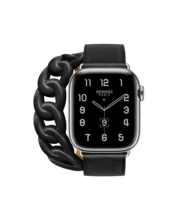 APPLE WATCH HERMÈS SERIES 8 Gourmette Double Tour | 41mm Silver Stainless Steel Case with Noir Swift Leather Gourmette Double Tour