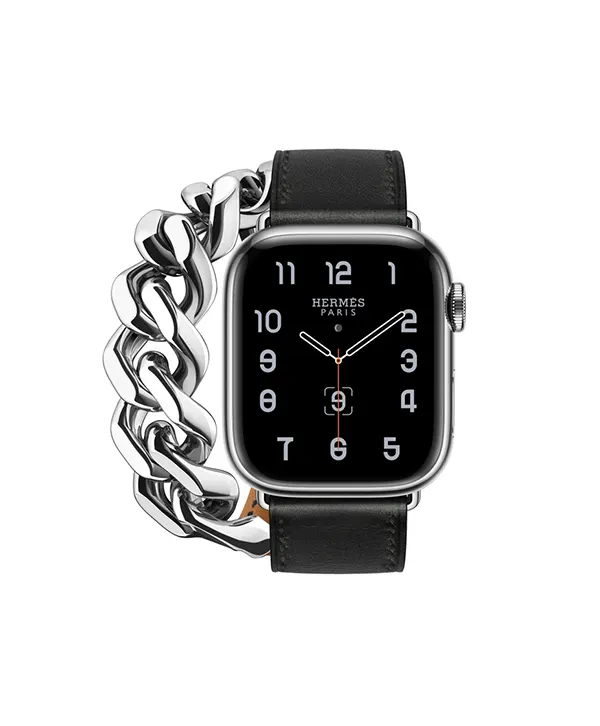APPLE WATCH HERMÈS SERIES 8 Gourmette Metal Double Tour | 41mm Silver Stainless Steel Case with Noir Swift Leather Gourmette Metal Double Tour
