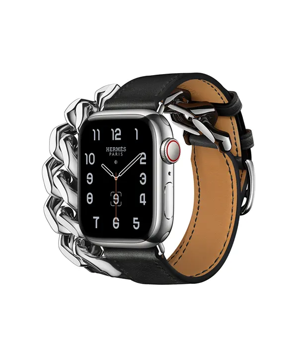 APPLE WATCH HERMÈS SERIES 8 Gourmette Metal Double Tour | 41mm Silver Stainless Steel Case with Noir Swift Leather Gourmette Metal Double Tour