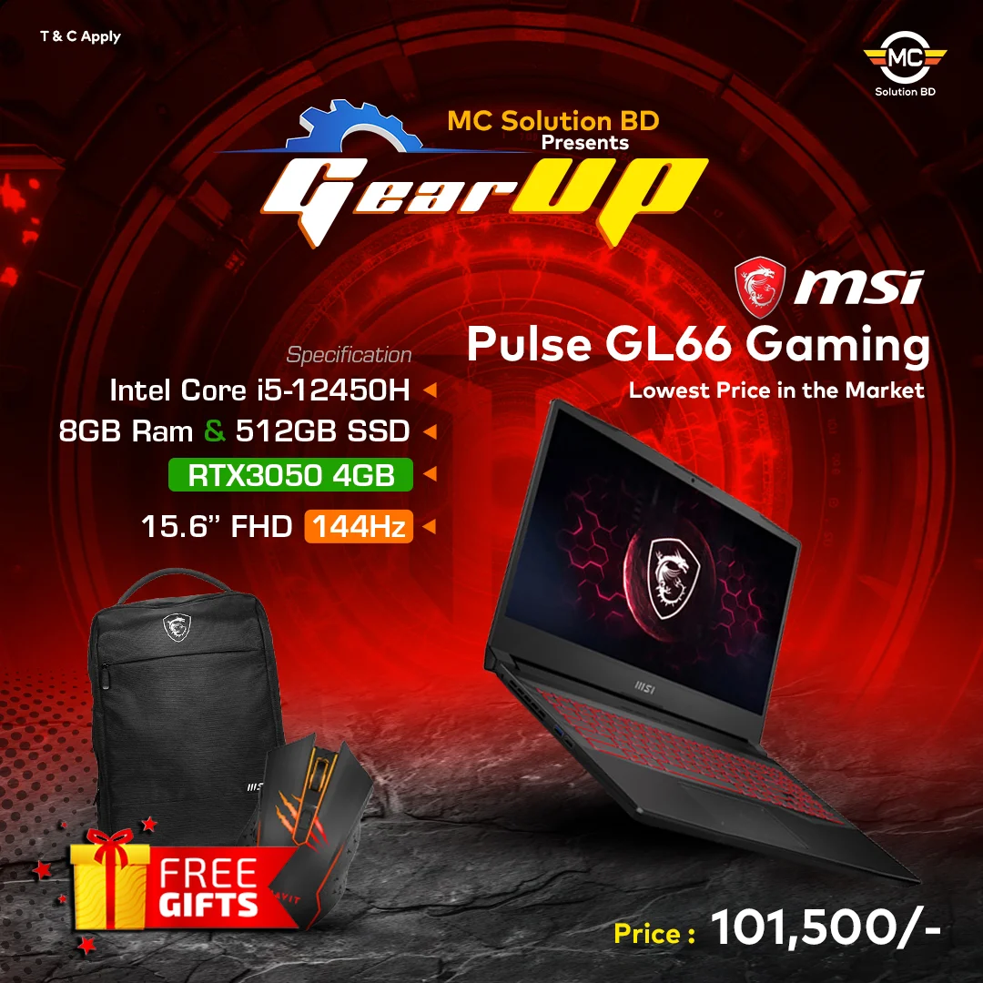 MSI Pulse GL66 12UCK-469US | 15.6″ FHD 144Hz | 12th gen Intel Core i5-12450H | 8GB DDR4 | 512GB SSD | NVIDIA GeForce RTX 3050 4GB GDDR6 | W11
