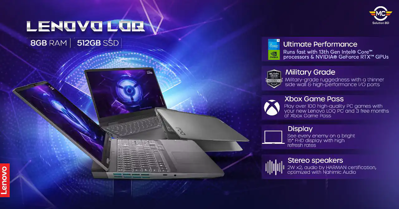 Lenovo LOQ 15IRH8 82XV0078MJ Gaming Laptop | 15.6'' WQHD 165Hz | 13th Gen Intel Core i5-13420H | 8GB DDR5 | 512GB SSD | RTX4050 6GB | W11 | Storm Grey 21 offer 11 Lenovo's New Gaming Laptop Lenovo LOQ Price, Features and Warranty in Bangladesh | MC Solution BD