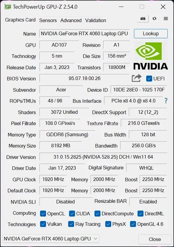 NVIDIA-TechPowerUp GPU-Z - Acer Predator Helios Neo 16 Performance | MC Solution BD