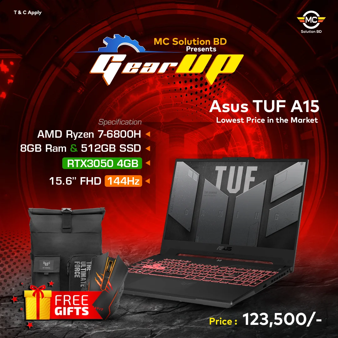 Asus TUF Gaming A15 FA507RC 15.6” FHD 144Hz Gaming Laptop  Ryzen 7 6800H (6th GEN) 8GB RAM 512GB SSD RTX3050 4GB