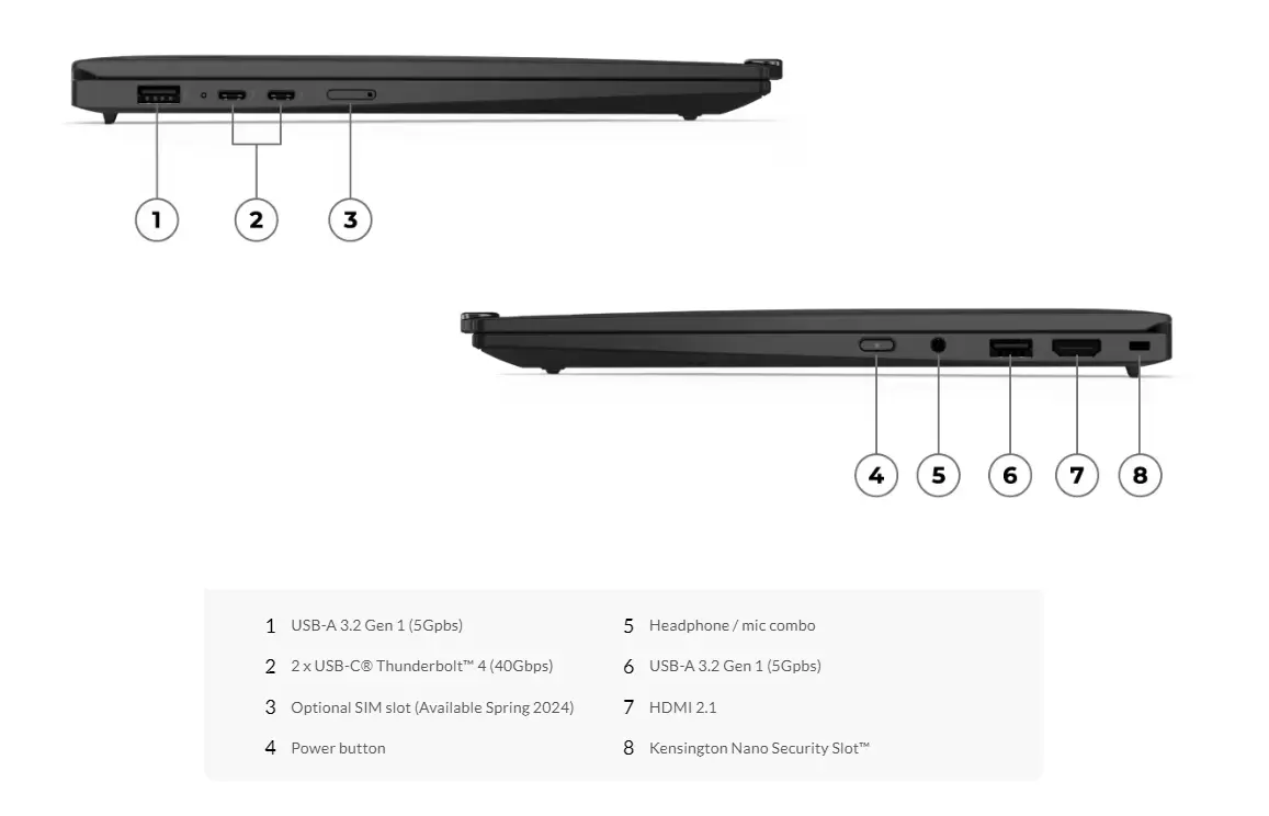 Lenovo ThinkPad X1 Carbon Gen 12th 2024 | 14ʺ 120Hz OLED | 14th Gen Intel® Core™ Ultra 7 155H | 32GB Ram | 1TB SSD | Intel® Arc™ | W11 9 Lenovo ThinkPad X1 Carbon Gen 12 (14ʺ Intel) 2024 Laptop - Ports & Slots | MC Solution BD