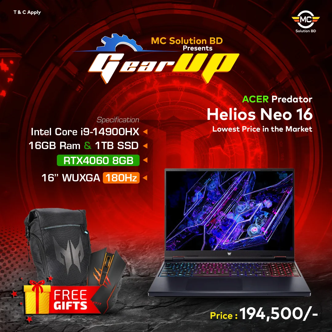 Acer Predator Helios Neo 16 | 16″ WUXGA 180Hz | 14th Gen i9-14900HX | 16GB DDR5 | 1TB SSD | RTX4060 8GB