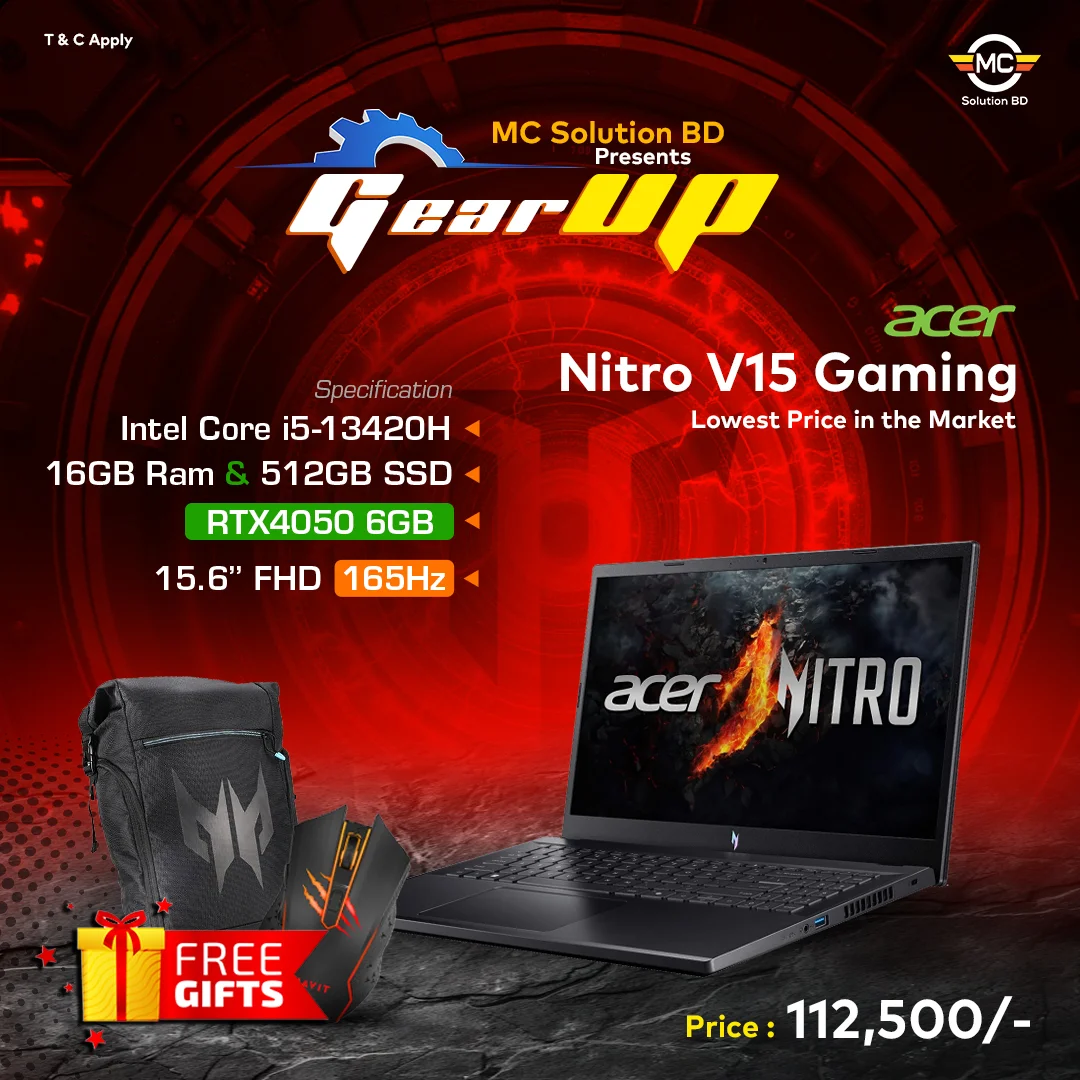 Acer Nitro V 15 ANV15-51-51XJ Gaming Laptop 2023 | 15.6″ FHD 165 Hz | i5-13420H | 16GB DDR5 | 512GB SSD | RTX4050 6GB | W11