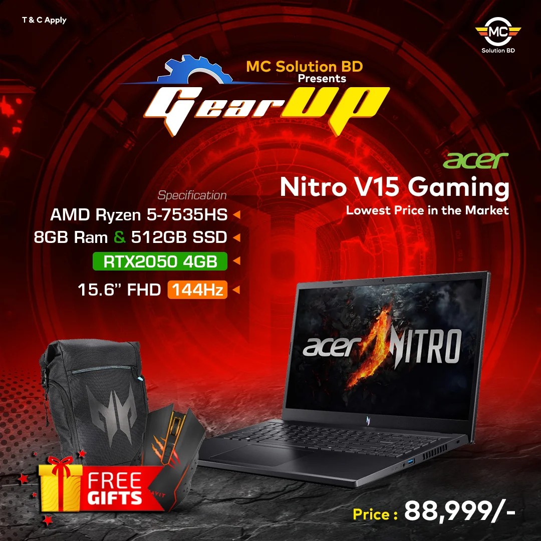 Acer Nitro V 15 ANV15-41 | 15.6″ FHD 144Hz | R5-7535HS | 8GB DDR5 | 512GB SSD | RTX2050 4GB