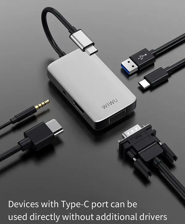 WiWU Alpha 5 in 1 USB-C Hub A513HVP HDMI, VGA, 3.5mm, USB & Type-C Female 6 WiWU Alpha 5 in 1 USB-C Hub A513HVP