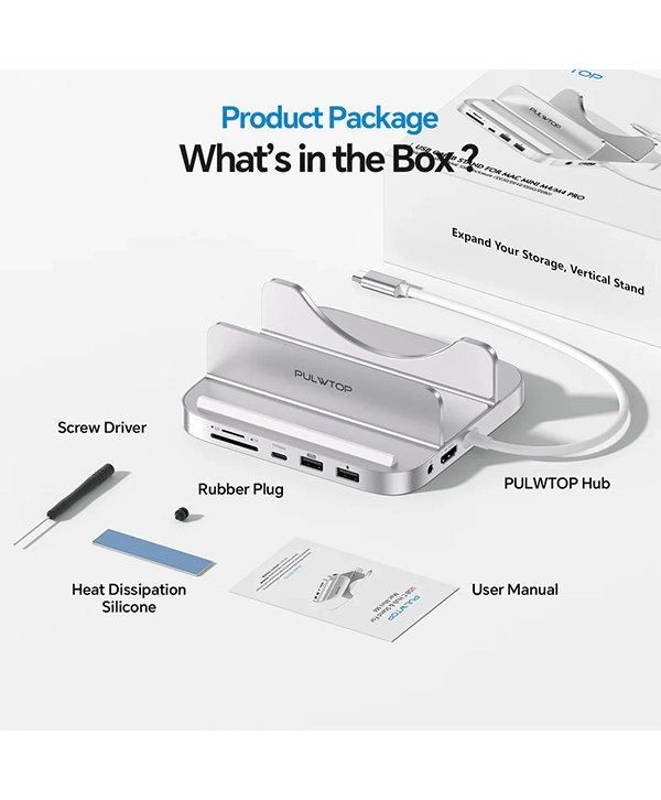 PULWTOP Mac Mini M4 Dock and Stand (9-in-1, M.2 SSD case, HDMI 4K, 10Gbps）