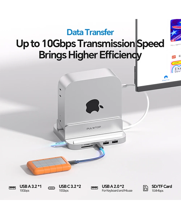 PULWTOP Mac Mini M4 Dock and Stand (9-in-1, M.2 SSD case, HDMI 4K, 10Gbps）