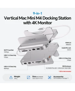 PULWTOP Mac Mini M4 Dock and Stand (9-in-1, M.2 SSD case, HDMI 4K, 10Gbps）